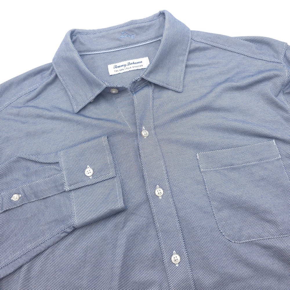 Tommy Bahama Mens Large San Lucio Stretch Shirt Blue Micro Pattern Long Sleeve